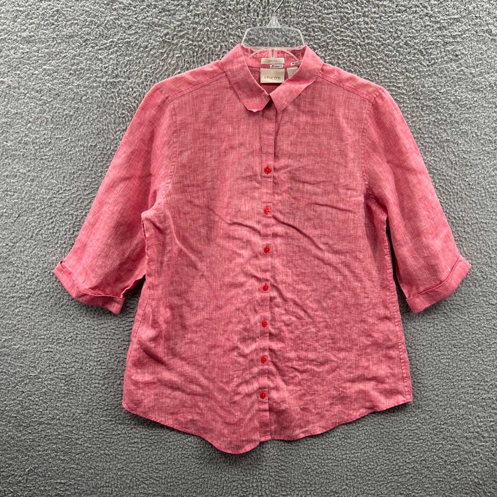 Chicos Womens Linen Blouse L Minimalist Capsule Button Front Relaxed Everyday